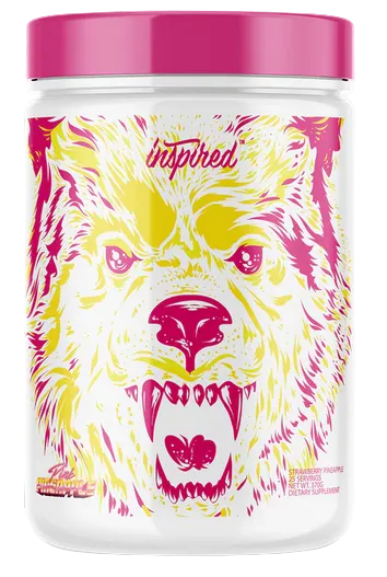 A container of Inspired Big Black DVST8 pre-workout supplement with a stylized bear illustration in vibrant colors.